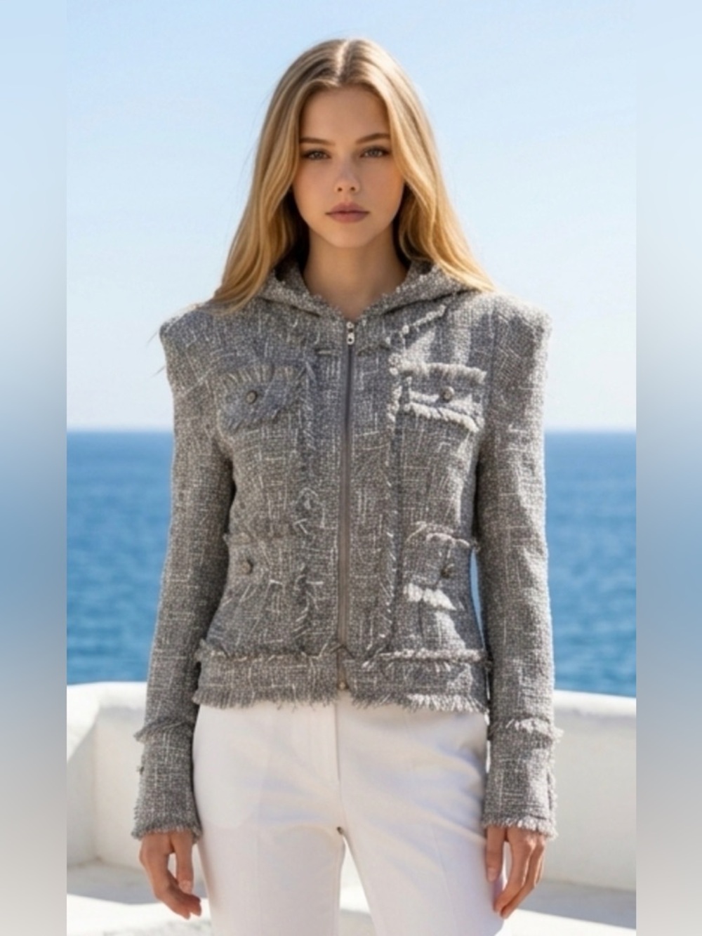 Fate Grey Tweed Frayed Zip Jacket